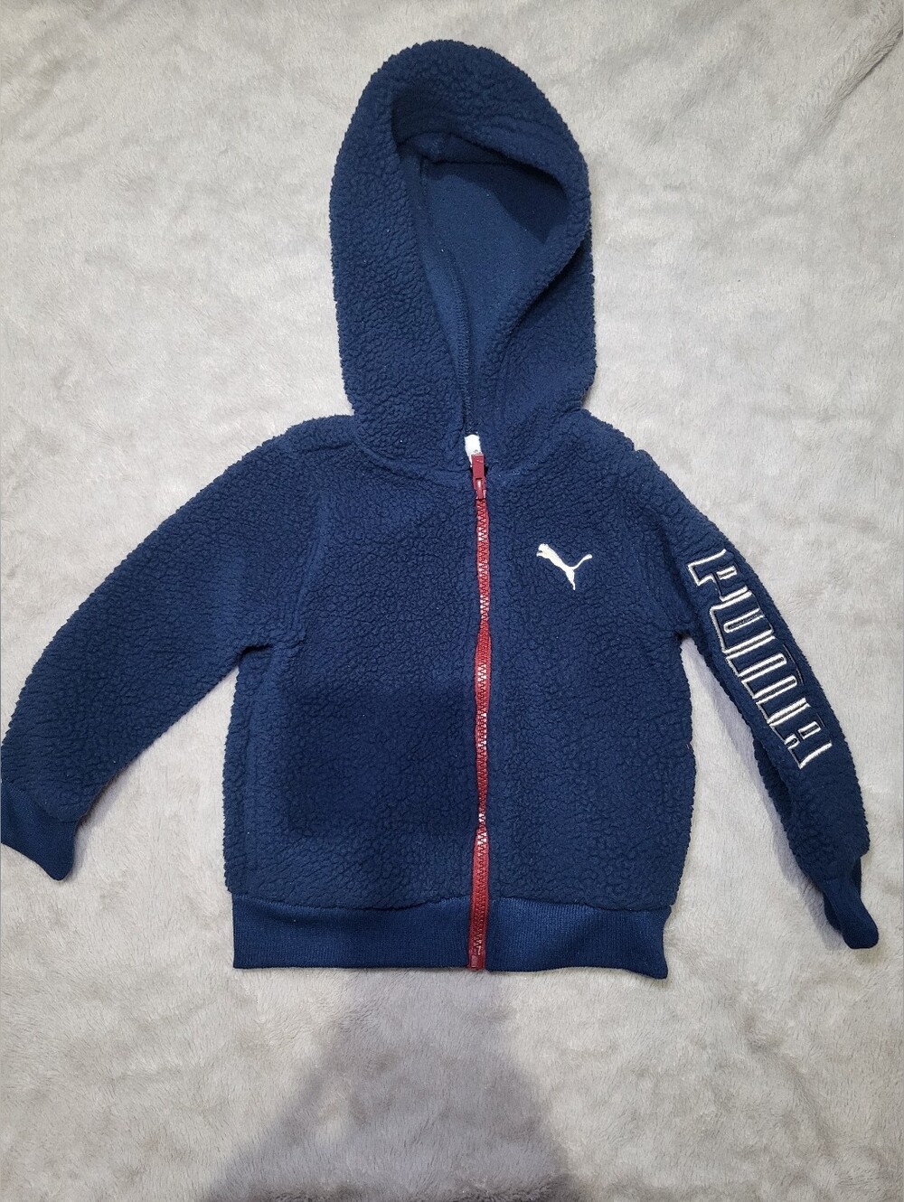 Baby Boy Puma Navy Sherpa Hoodie with Red Zipper and White Puma Logo